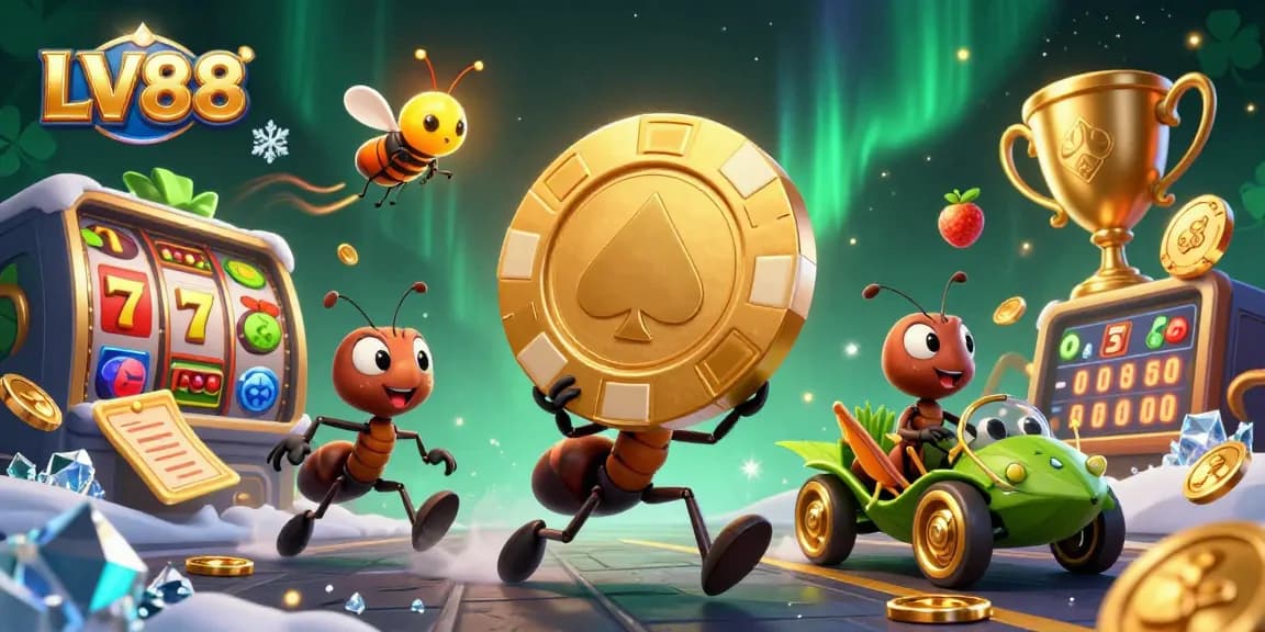 Join the excitement at LV88, where ants make a thrilling casino heist with a massive golden poker chip.