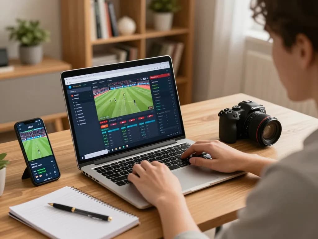 Engaging in tỷ lệ kèo nhà cái betting at home with laptop and smartphone, highlighting strategic gameplay
