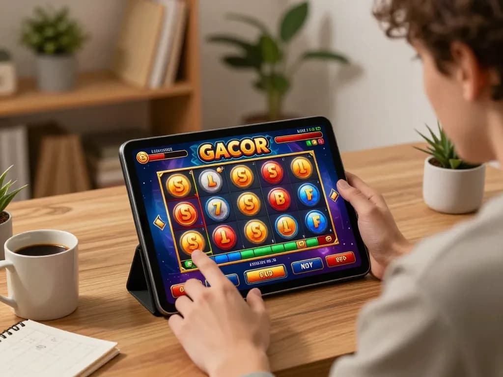 Engaging in a live-dealer slot gacor game on a tablet, enhancing online gaming experience at home.