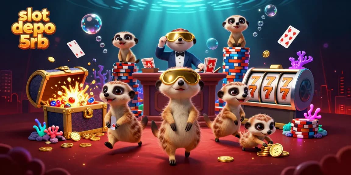 Experience exciting gameplay with slot depo 5rb, featuring meerkats running a lively casino atmosphere and vibrant slot elements.