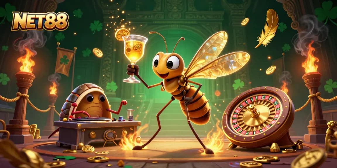 NET88 mascot comes to life in a vibrant casino scene, showcasing golden roulette wheel and event atmosphere.