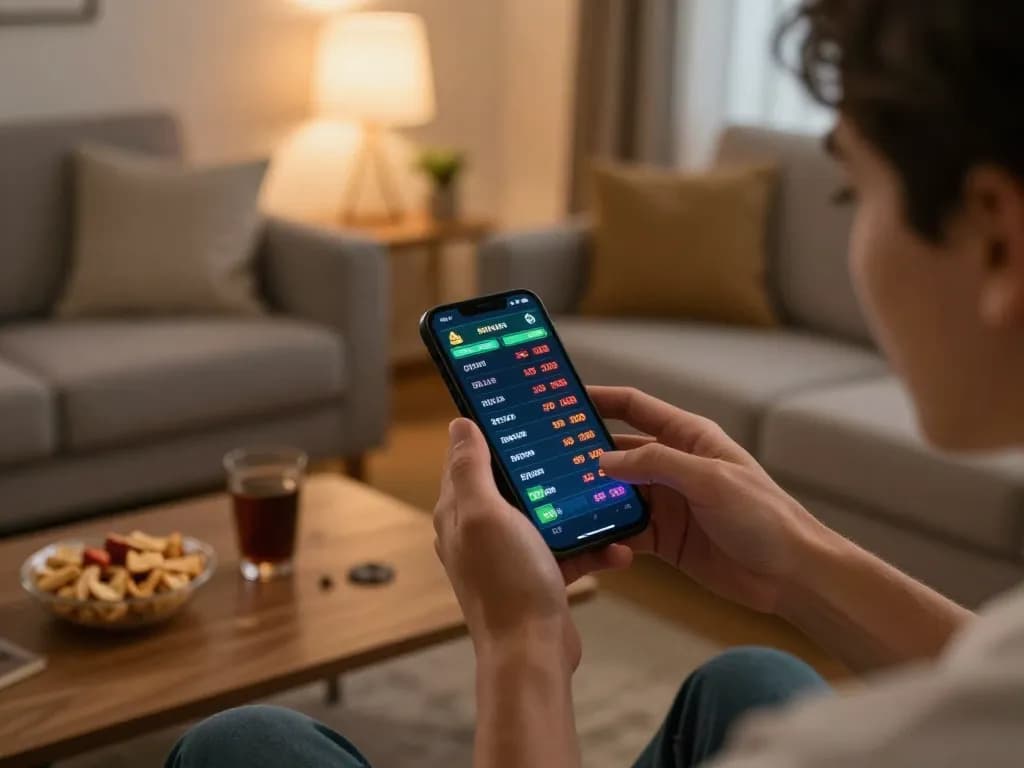 Engaged player checking kèo nhà cái on a smartphone in cozy living room setting with snacks