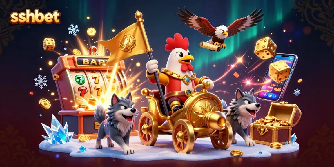 Experience thrilling gameplay at sshbet with a 3D illustration of casino elements and a rooster warlord chariot scene.