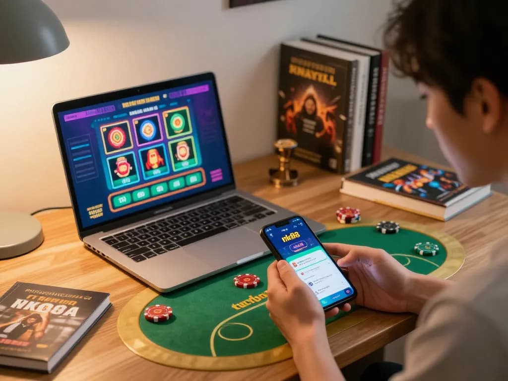 Player engaging with nk88 app on smartphone at home, showing excitement in gaming atmosphere.