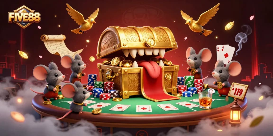 Experience the thrill of FIVE88 casino with vivid illustrations of riches and poker excitement.