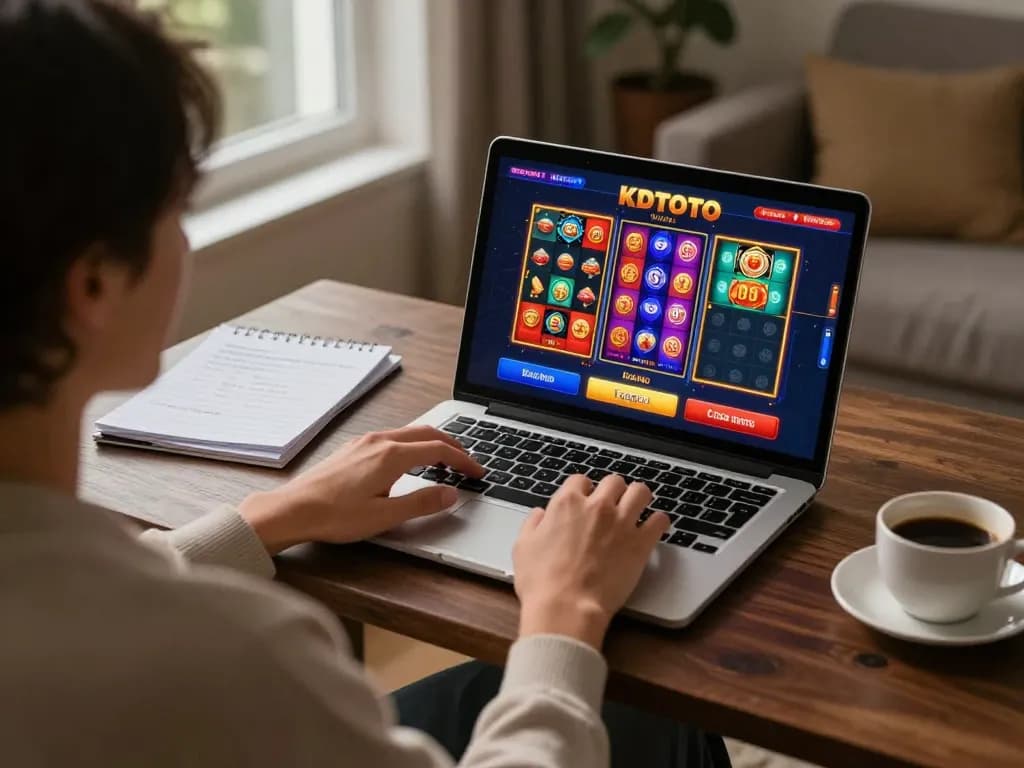 KDTOTO player enjoying a vibrant online casino session with colorful slots and Togel games.