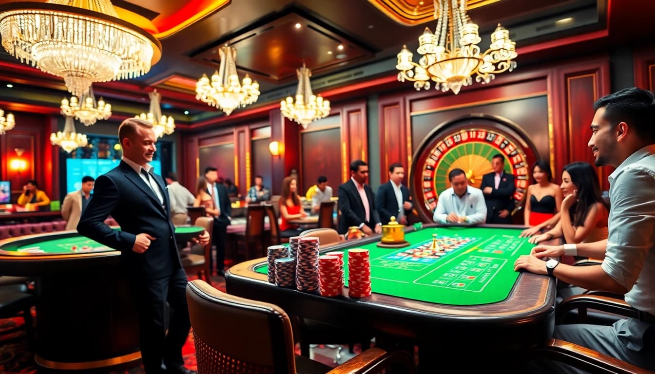 Join the excitement at NK88 Casino – players enjoying vibrant poker gameplay surrounded by lavish decor.
