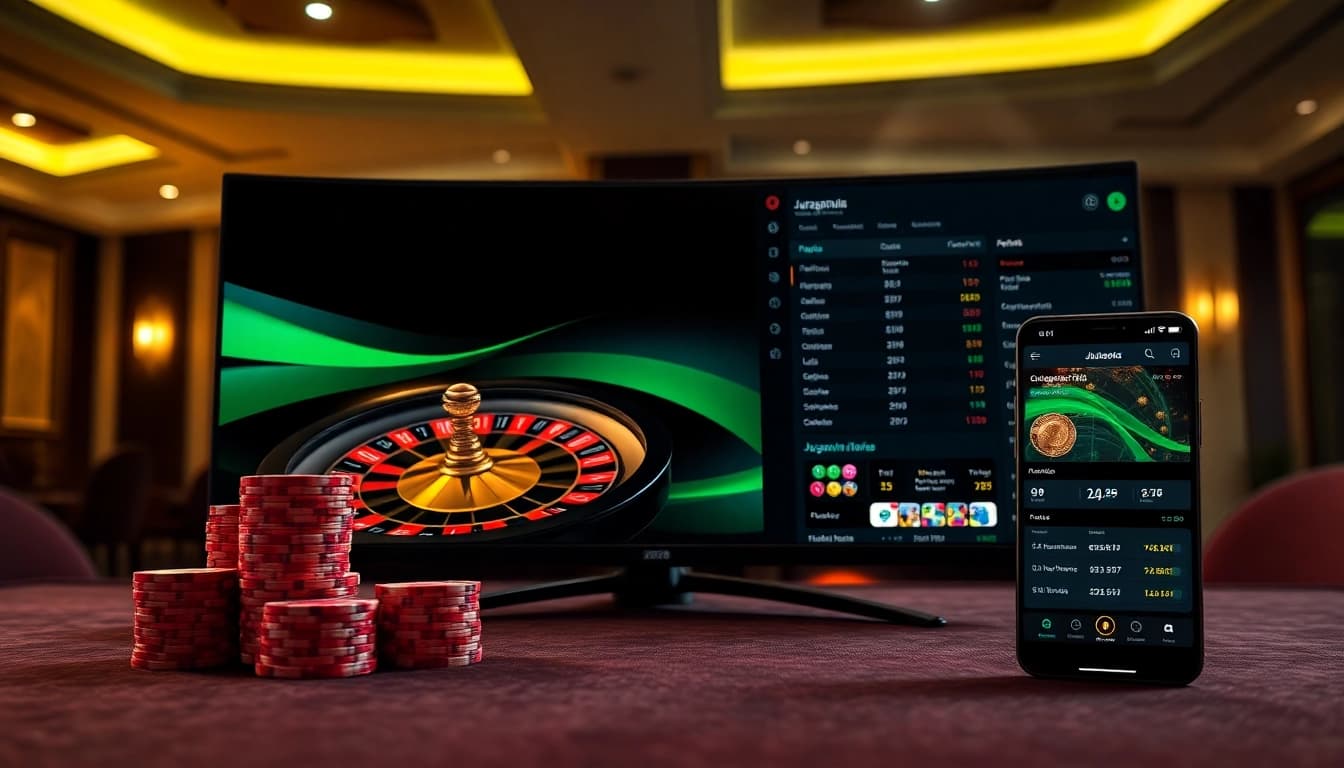 juraganbola betting interface displaying live odds and strategic casino gameplay with poker chips and roulette wheel