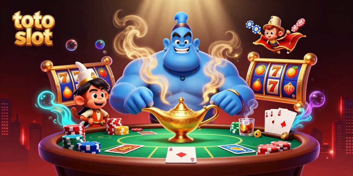 Engage with thrilling toto slot games featuring a genie, monkey, and poker elements in a vibrant casino scene.