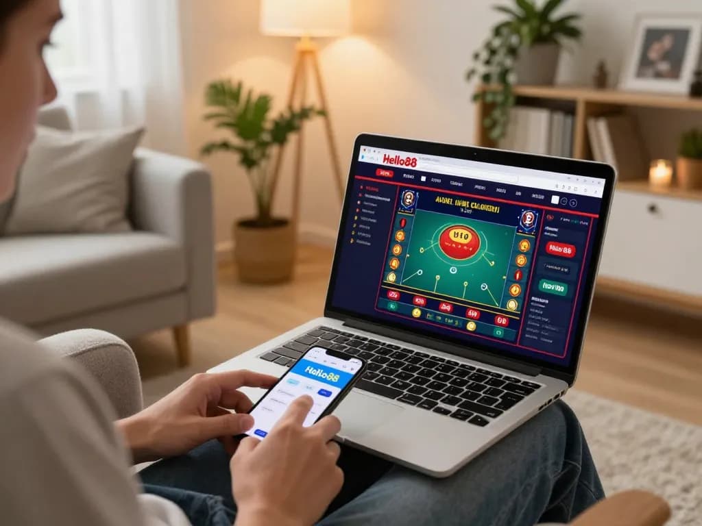 Hello88 online gaming scene featuring a player engaged with a laptop and smartphone, emphasizing a strategic betting experience.