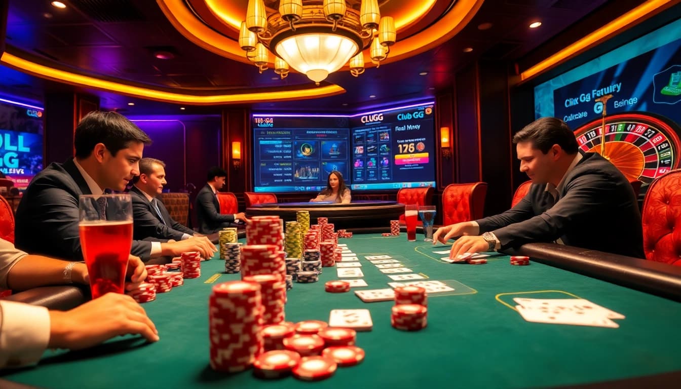 Engaged players enjoying high-stakes poker at ClubGG real money themed casino table.