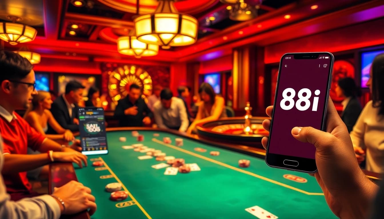 Players enjoying high-stakes poker at an 88i casino table, with chips and cards highlighted.