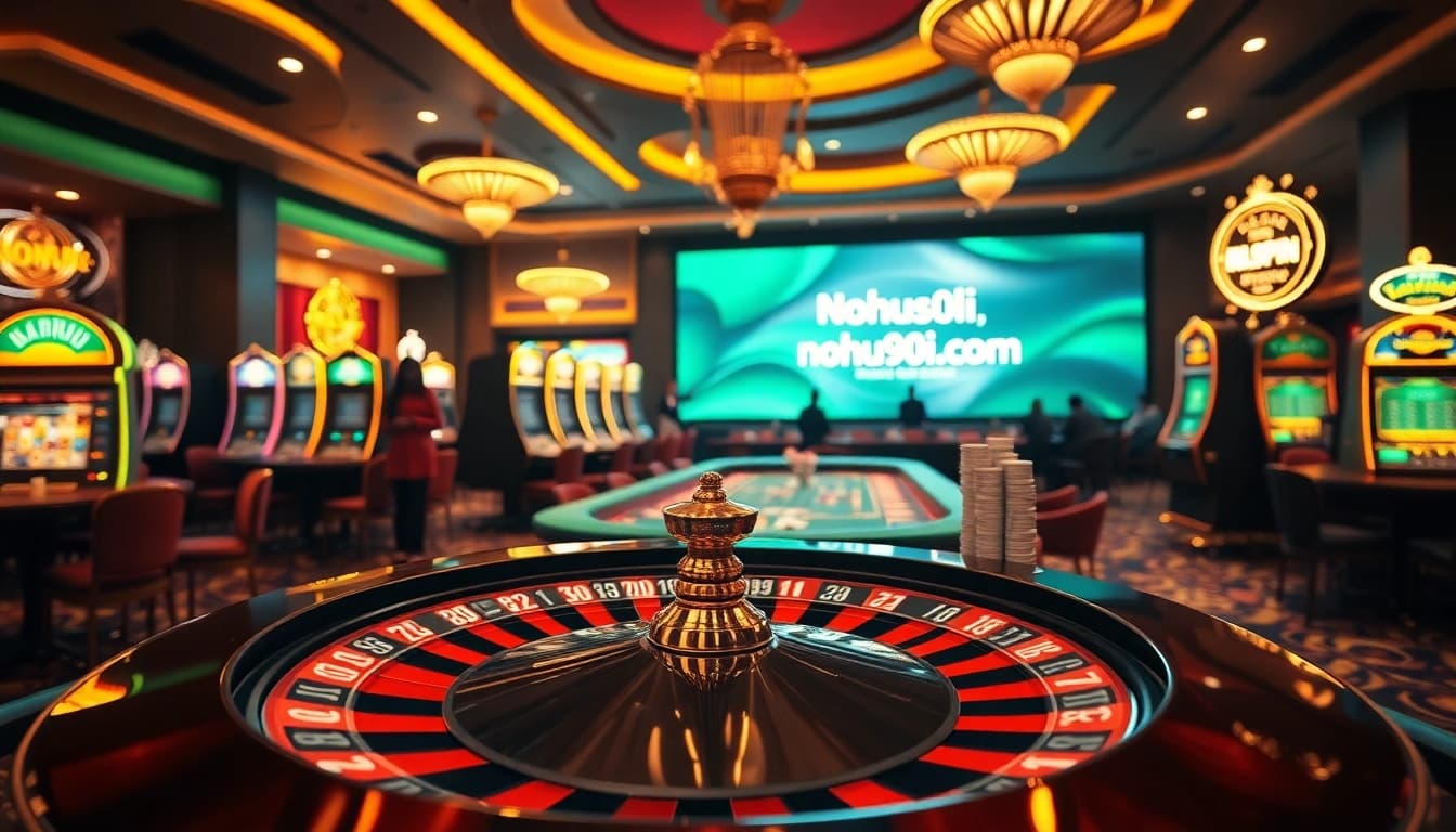 Engaging casino scene featuring nohu90i.com with roulette wheel, slot machines, and poker tables.