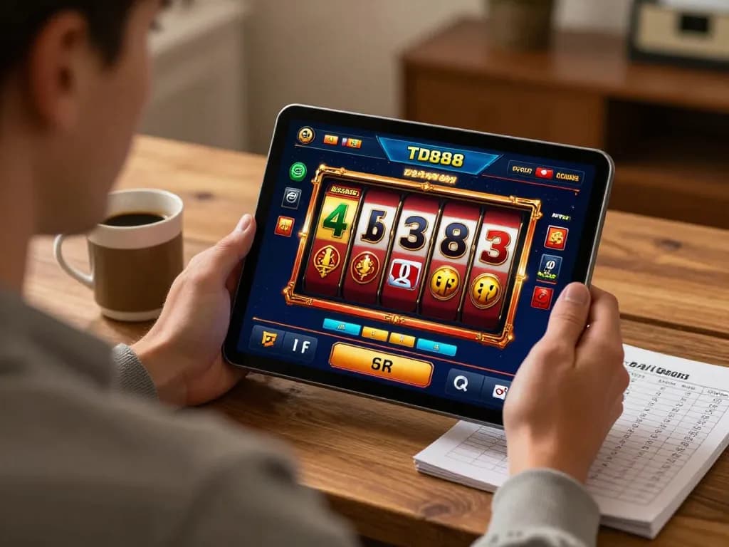 Player using the TD88 app for an engaging online gaming experience at home, showcasing a slots interface and gaming notes.