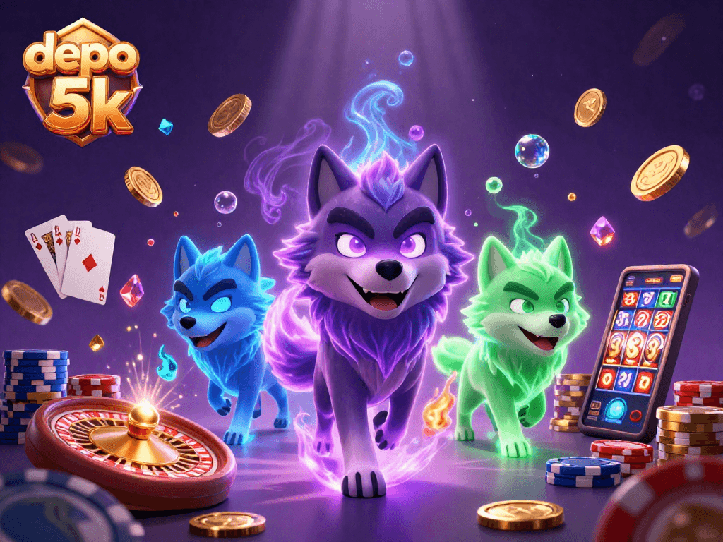 Experience the thrilling world of gambling with depo 5k, featuring dynamic wolves amidst casino action.
