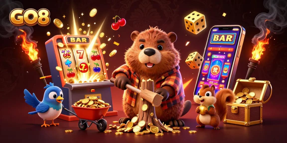 Spin and win with GO8 as a cartoon beaver chops a tree raining coins in a vibrant casino scene.