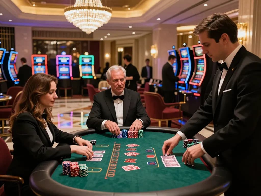 sunwin blackjack table with players engaged, professional dealer shuffling cards in a luxurious casino setting