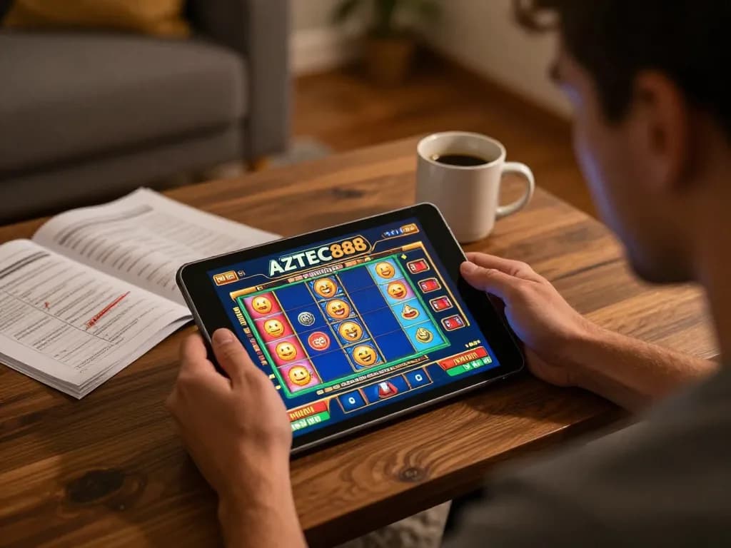 Player enjoying AZTEC888 slot games on a tablet in a cozy home setup.