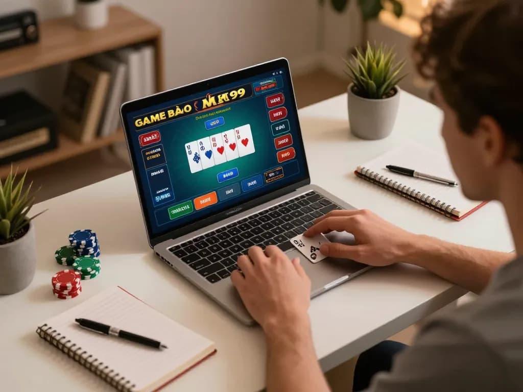 Player focused on GAME BÀI MM99 on laptop, showcasing online gambling strategy in a cozy setting.