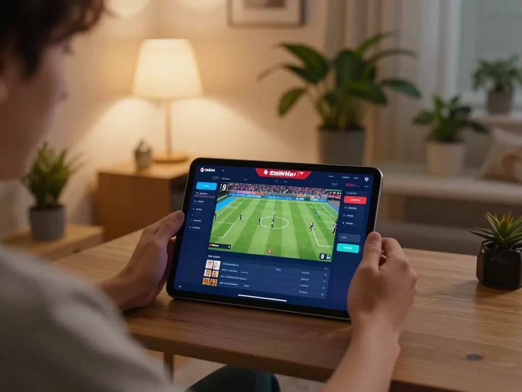Person enjoying live sports on CakhiaTV app, analyzing match details in a cozy setting.