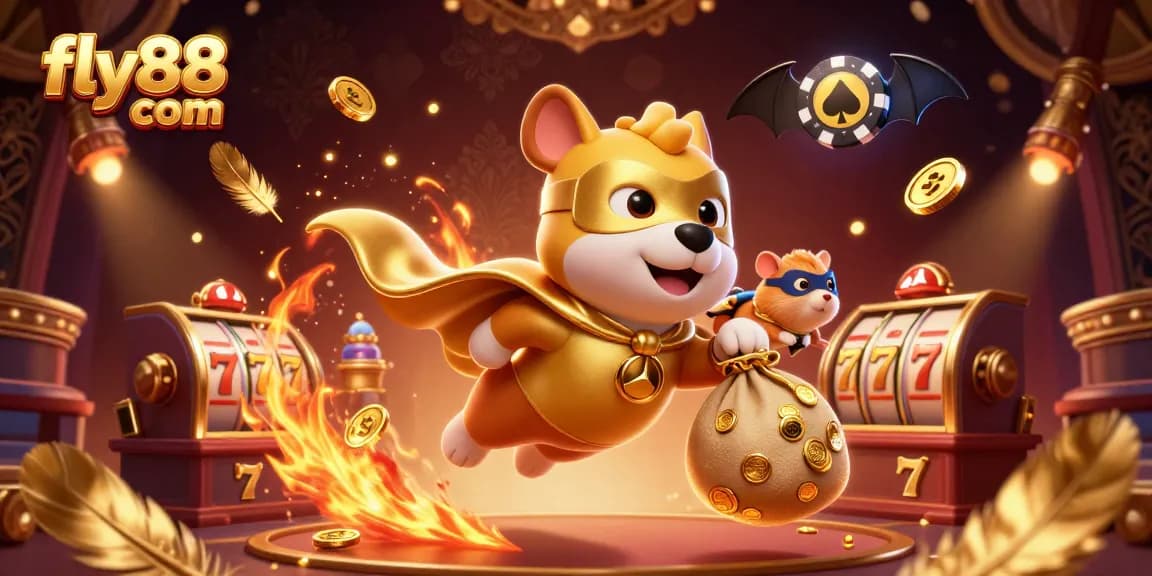 Experience the thrill of fly88 com with engaging casino action, featuring a superhero dog and coins.