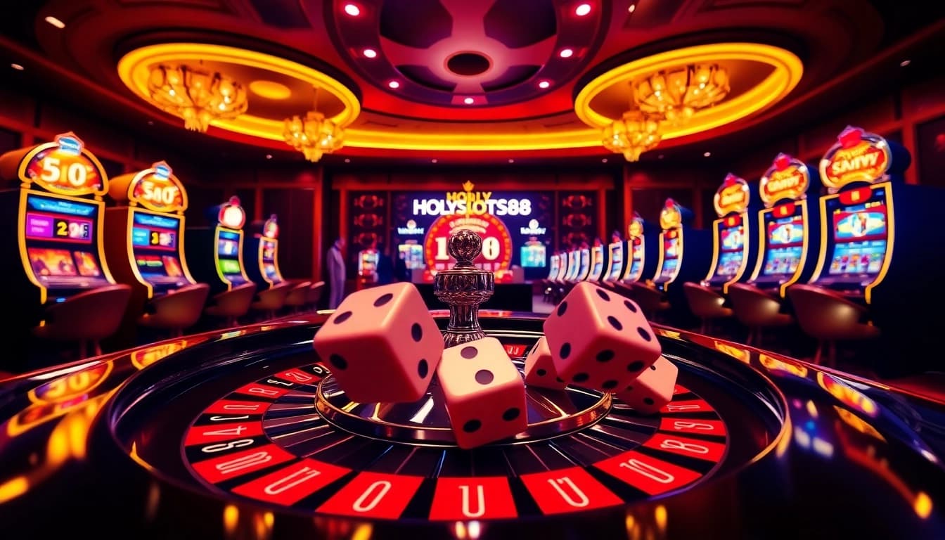 Experience the excitement of HOLYSLOTS88 with vibrant poker chips and a glowing roulette wheel.
