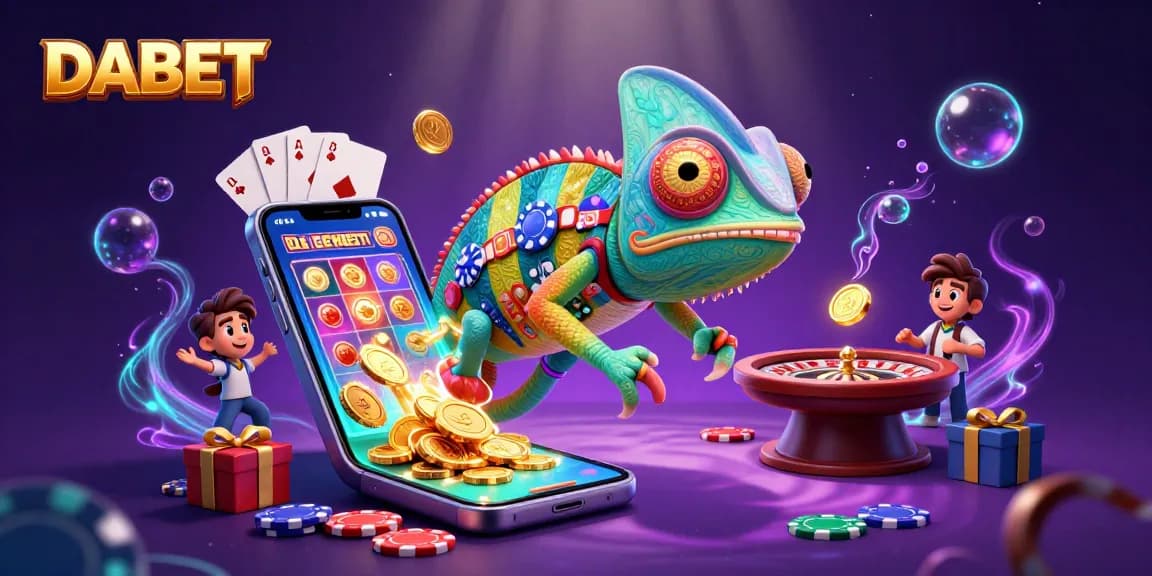 DABET brings the excitement of a vibrant casino scene with a chameleon owner, golden coins, and dynamic gaming elements.