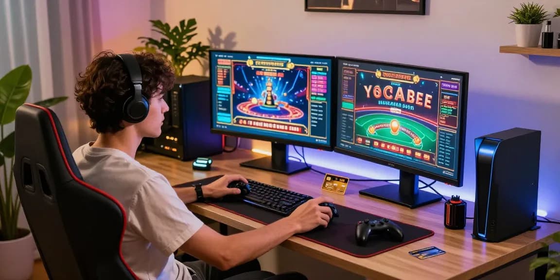 Exciting gaming setup showcasing a player engaged at credit card casinos UK with vibrant casino games on multiple screens.