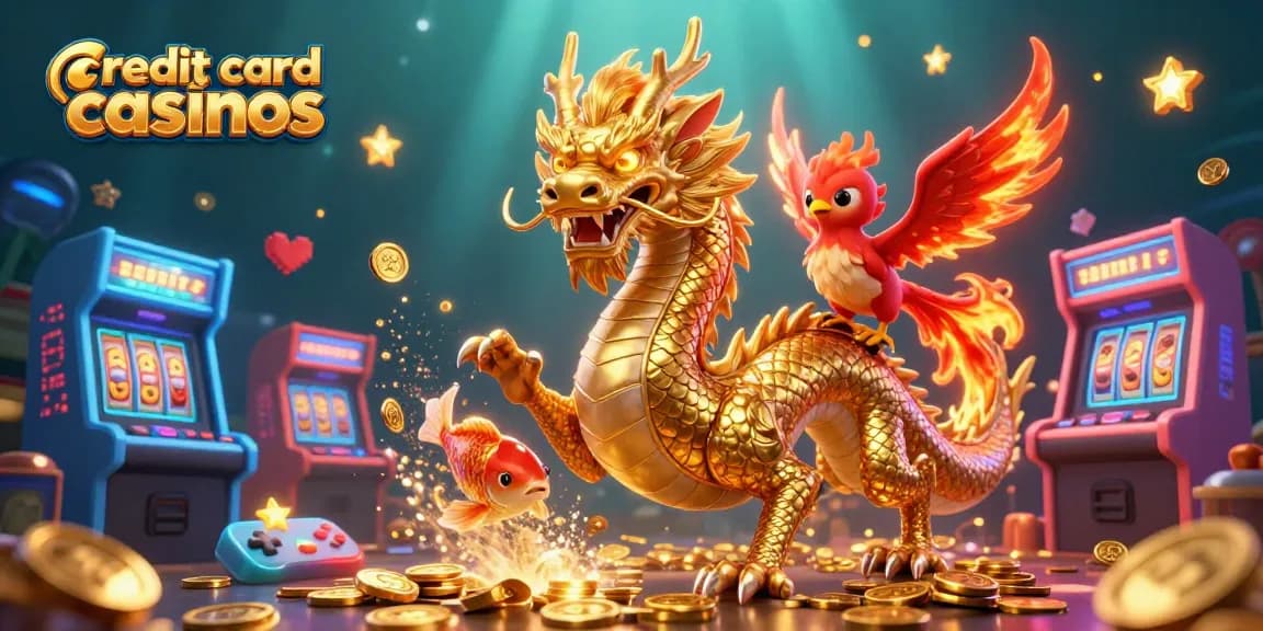 Experience thrilling action at credit card casinos with unique 3D illustration of a dragon, phoenix, and koi fish.