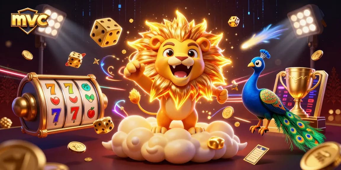 Experience blackjack and slots in action at mvc, featuring a majestic lion and golden gaming elements.