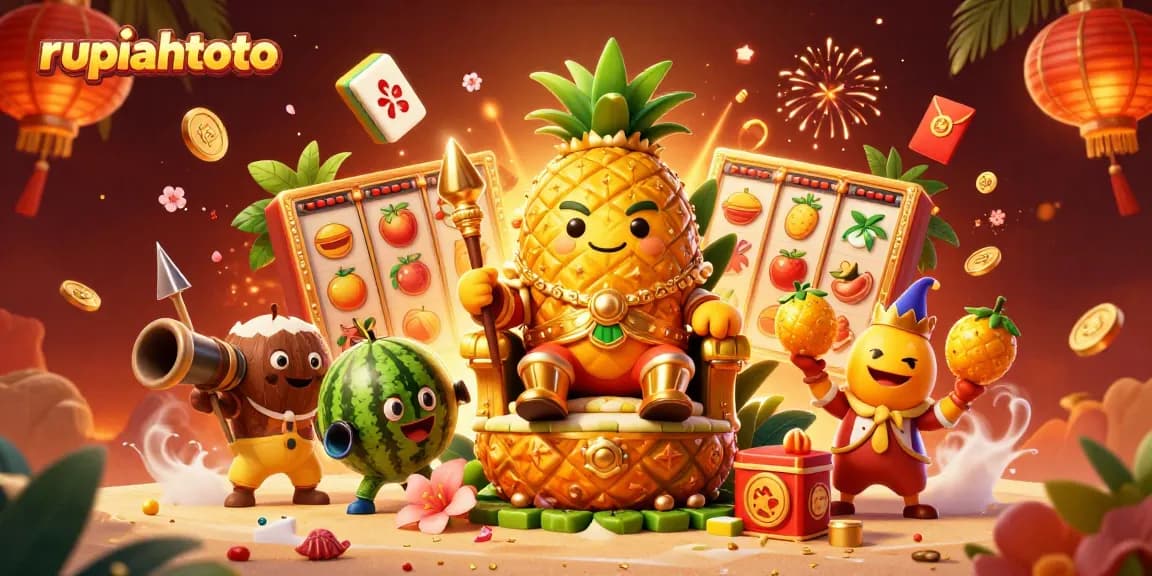 Bermain slot seru di rupiahtoto dengan karakter dan harta melimpah di ilustrasi kasino 3D.