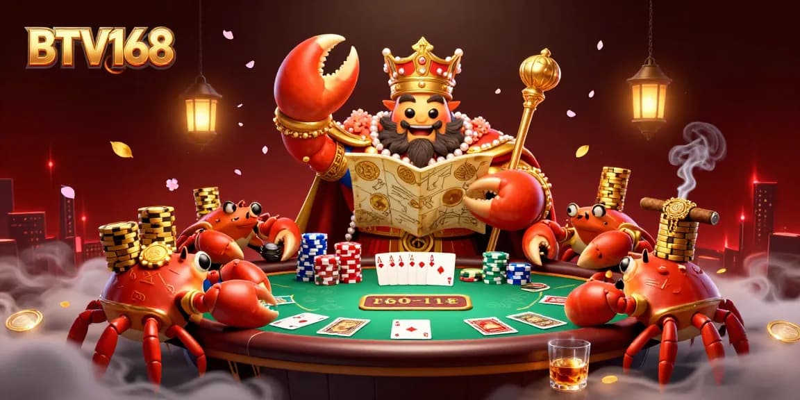 Experience exciting poker action with BTV168 featuring a golden crab emperor amidst vibrant casino elements.
