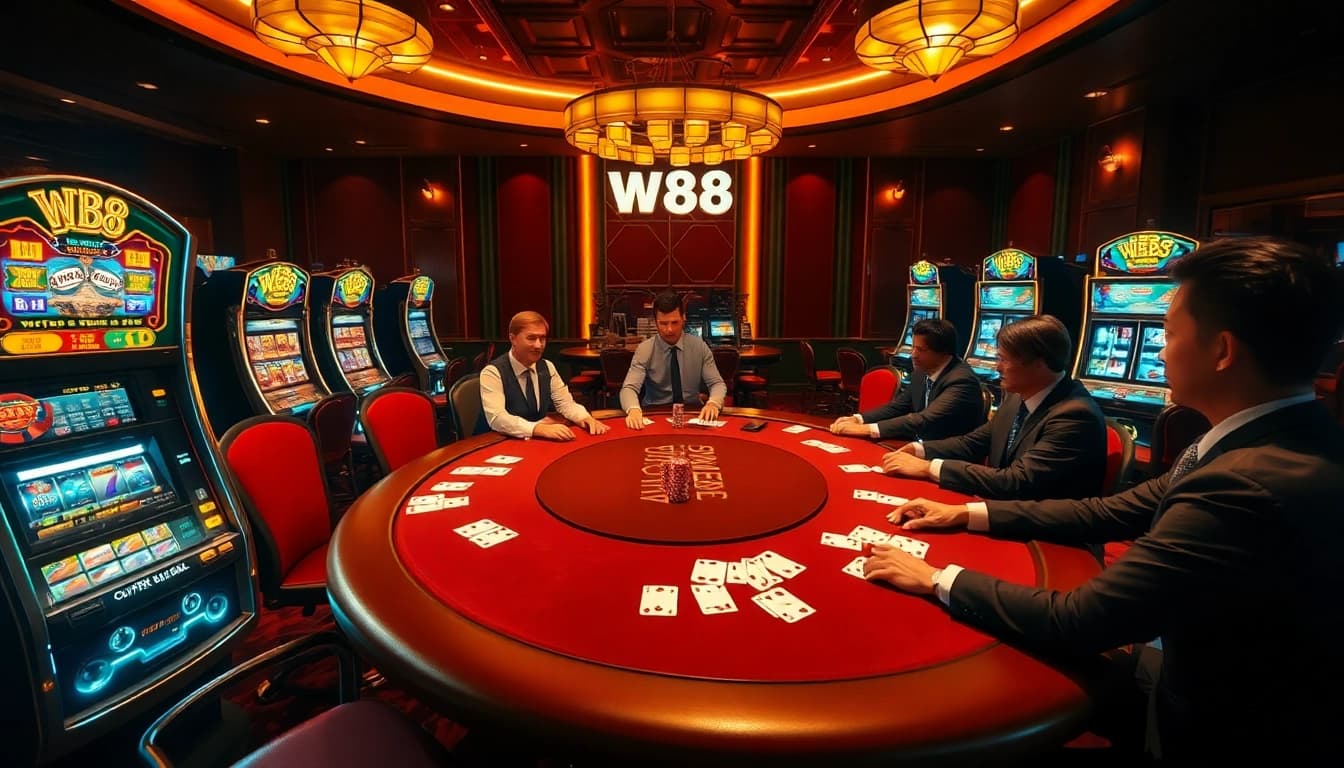 W88 poker table scene featuring vibrant slot machines and excited players engaging in gambling.