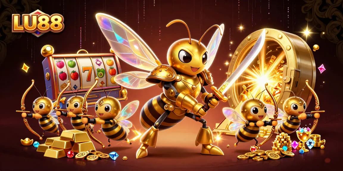 Engage with LU88's dazzling casino world featuring a golden hornet samurai and bee archers.