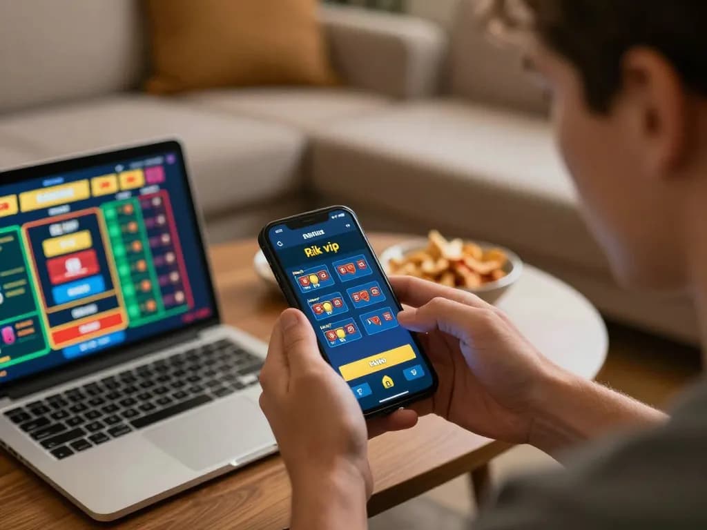 Player enjoying the rik vip app on a smartphone in a cozy home setting.