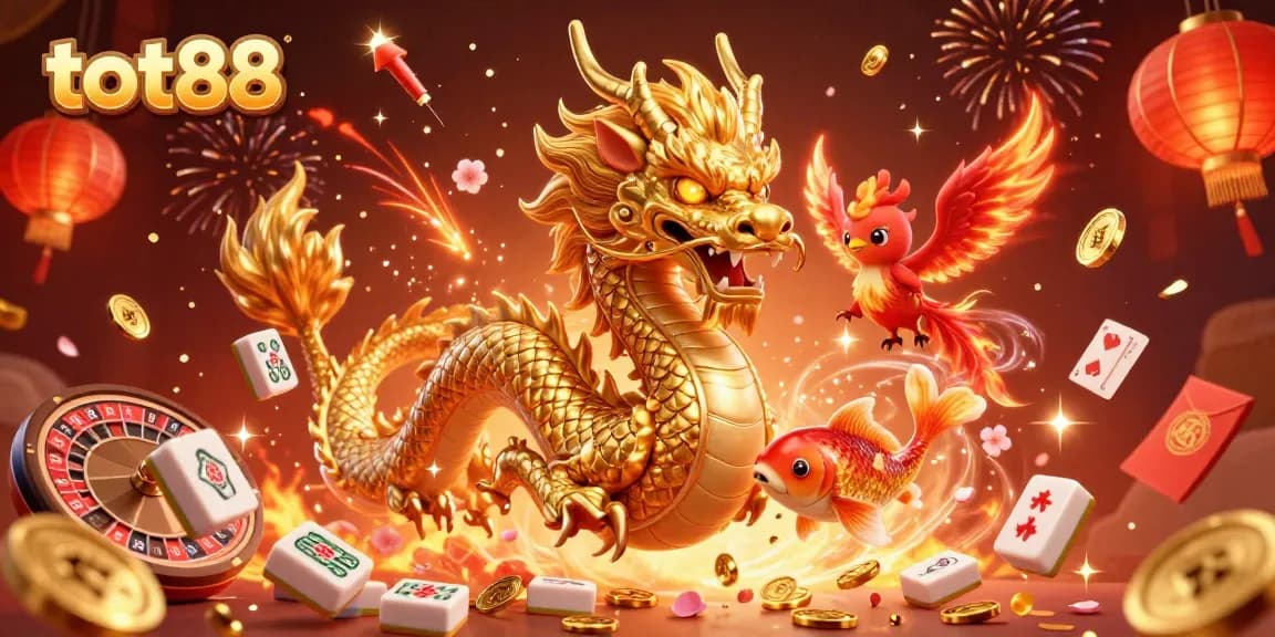 Experience the thrill of tot88 with a dynamic 3D casino scene featuring a dragon and a phoenix.