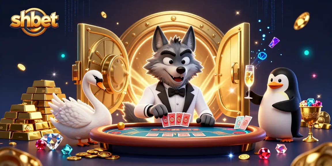 Engage with shbet's thrilling baccarat scene featuring a wolf in a tuxedo and elegant characters.