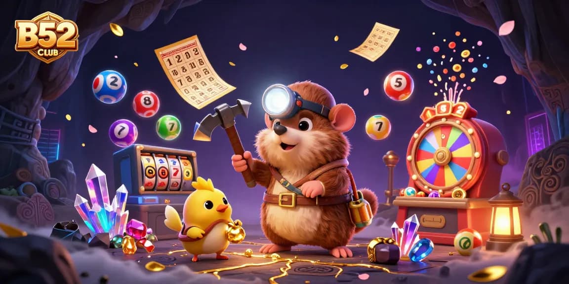 B52CLUB engages players with a vibrant 3D treasure hunt scene filled with dynamic lottery elements.