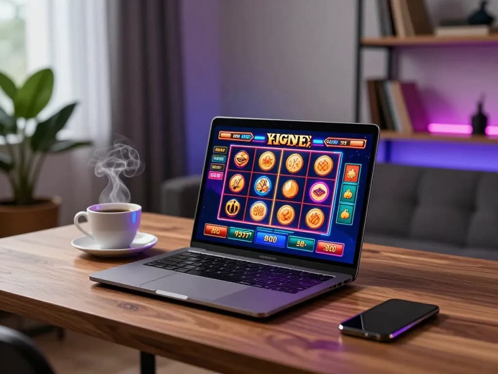 Engaging online slots at home with a sleek laptop, showcasing ทางเข้า m114 for vibrant gaming experience.
