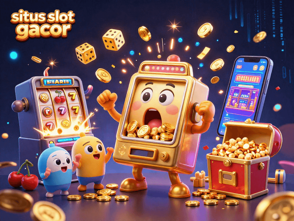Experience the excitement of situs slot gacor as a cartoon slot machine hits a jackpot, surrounded by celebrating slots and casino elements.
