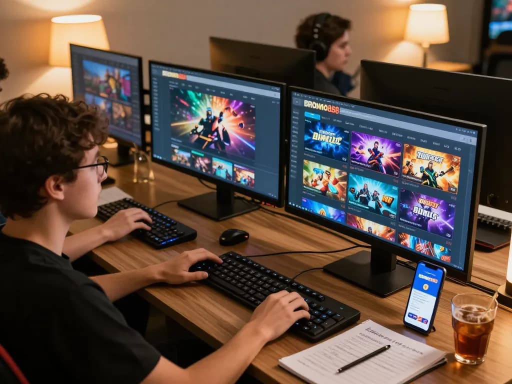 BROMO888 player engaging in multiple online games with dynamic screens and cozy atmosphere