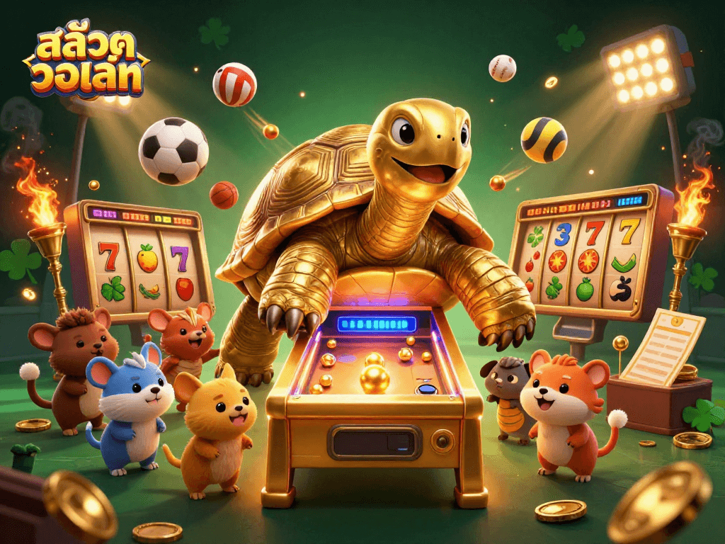 Engage with สล็อตวอเลท in a vibrant 3D illustration showcasing dynamic slot gameplay and lively casino atmosphere.