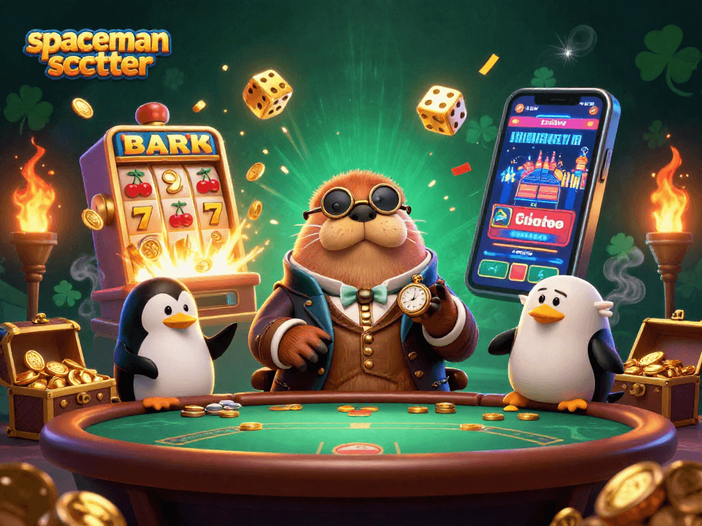Experience the excitement of spaceman scatter with a jolly walrus at a casino table amidst jackpot wins and colorful symbols.