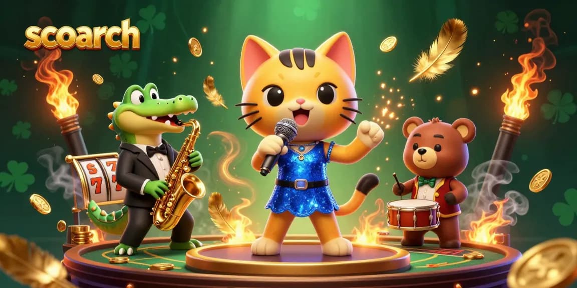 Scoarch presents an engaging scene featuring a jazz-singer cat, saxophone crocodile, and drum bear in an exciting casino setup.