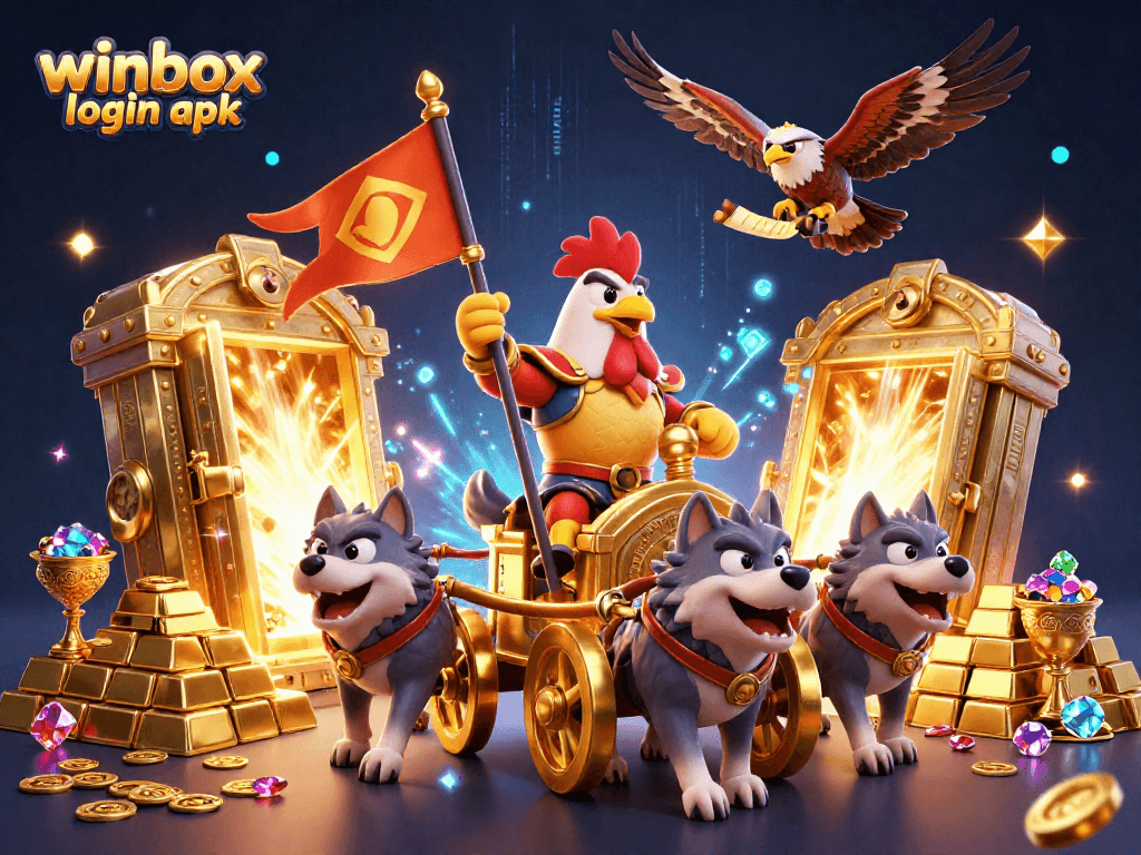 Engage in thrilling action at winbox login apk with a vivid 3D illustration of epic gaming elements.