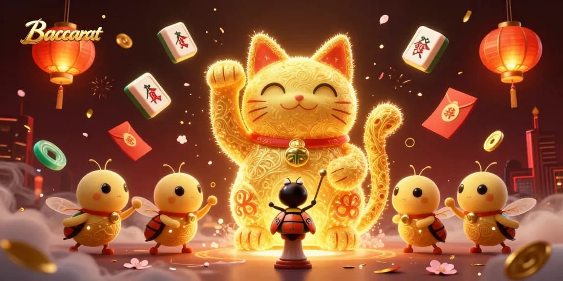 Baccarat game scene featuring golden fireflies, lucky cat, and floating casino symbols.