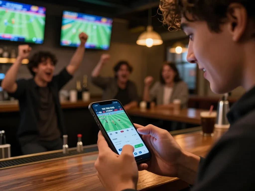 Engaging in tỷ lệ kèo bóng đá hôm nay with friends at a sports bar, celebrating recent betting wins.