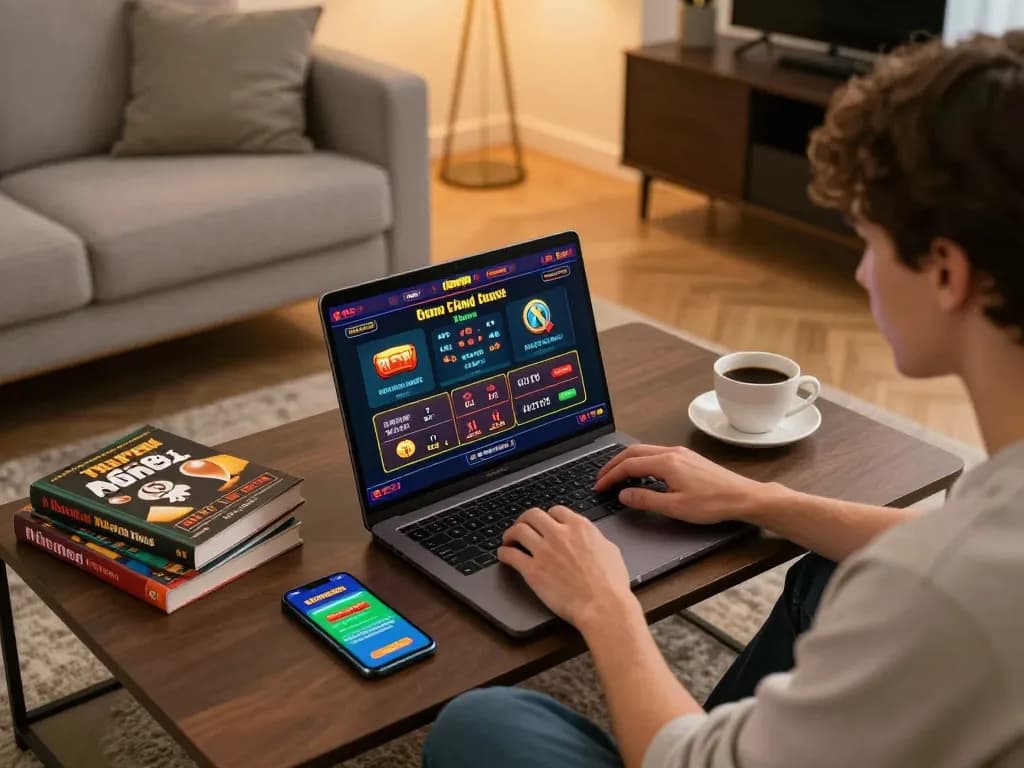 Engaging with hm88 online casino games in a cozy home environment, emphasizing responsible gaming.