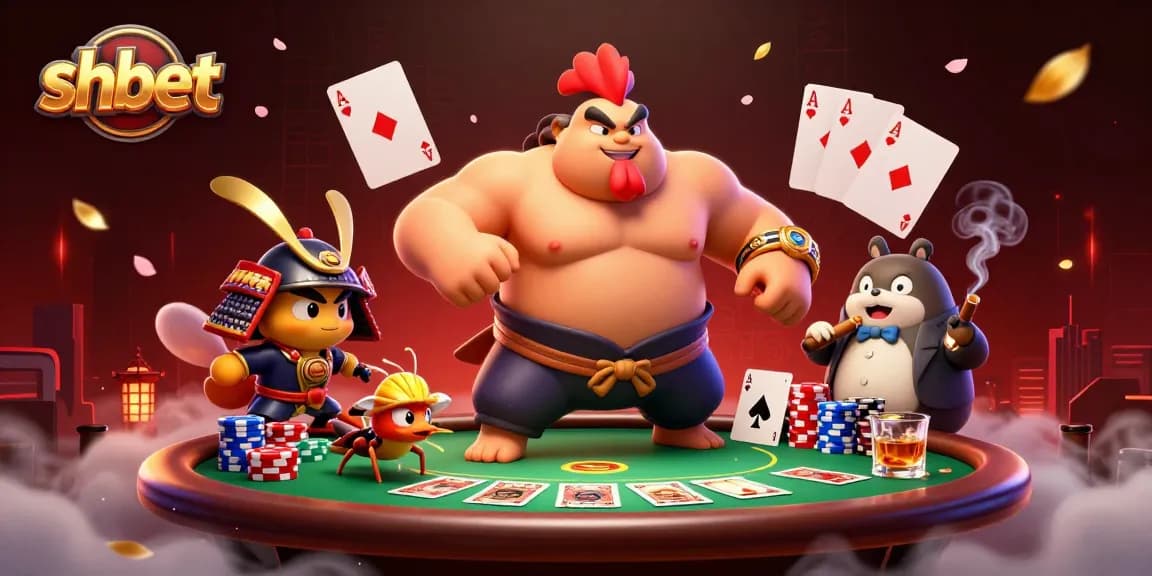 Engage with shbet's dynamic casino scene featuring a powerful sumo wrestler and vibrant poker elements.