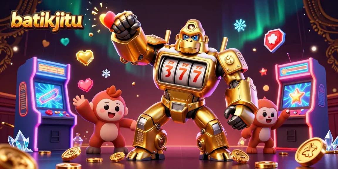 Bermain di batikjitu dengan karakter gorila emas, simbol slot dan nuansa kasino yang menarik.